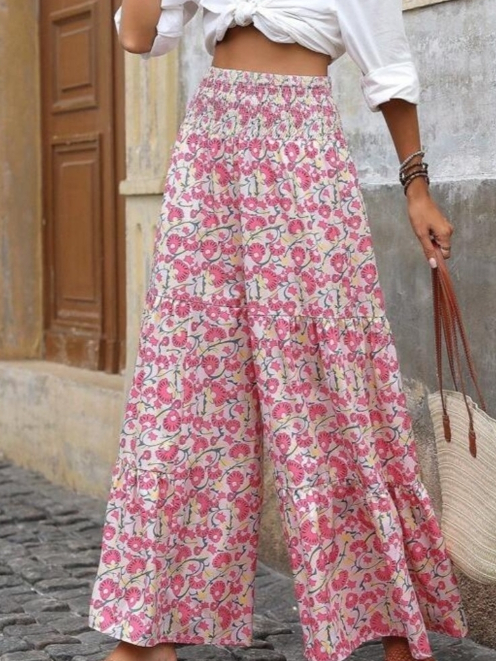 SHEIN Pink Floral Smocked Waist Wide-Leg Pants